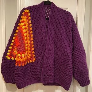 Handmade Crochet Granny Square One Size Cozy Cardigan Boho Chunky Knit Sweater